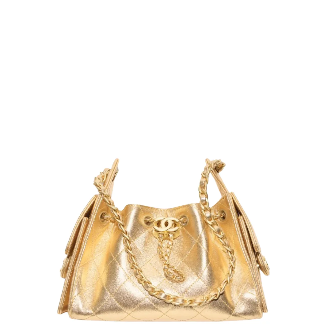 Chanel 25 Mini Handbag Metallic Grained Calfskin & Gold Metal Gold