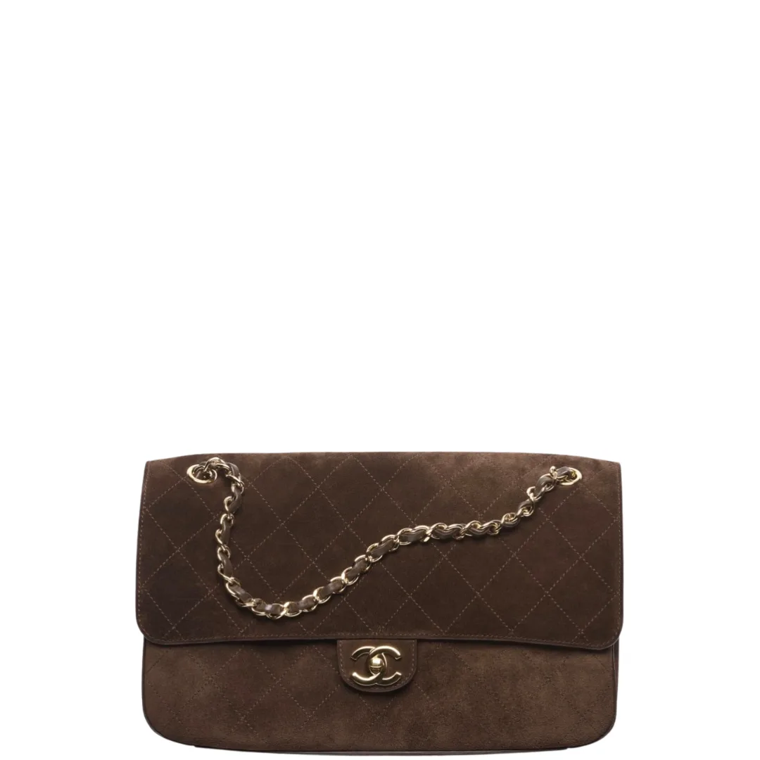 Chanel Maxi Flap Bag Suede, Calfskin & Gold Metal Dark Brown