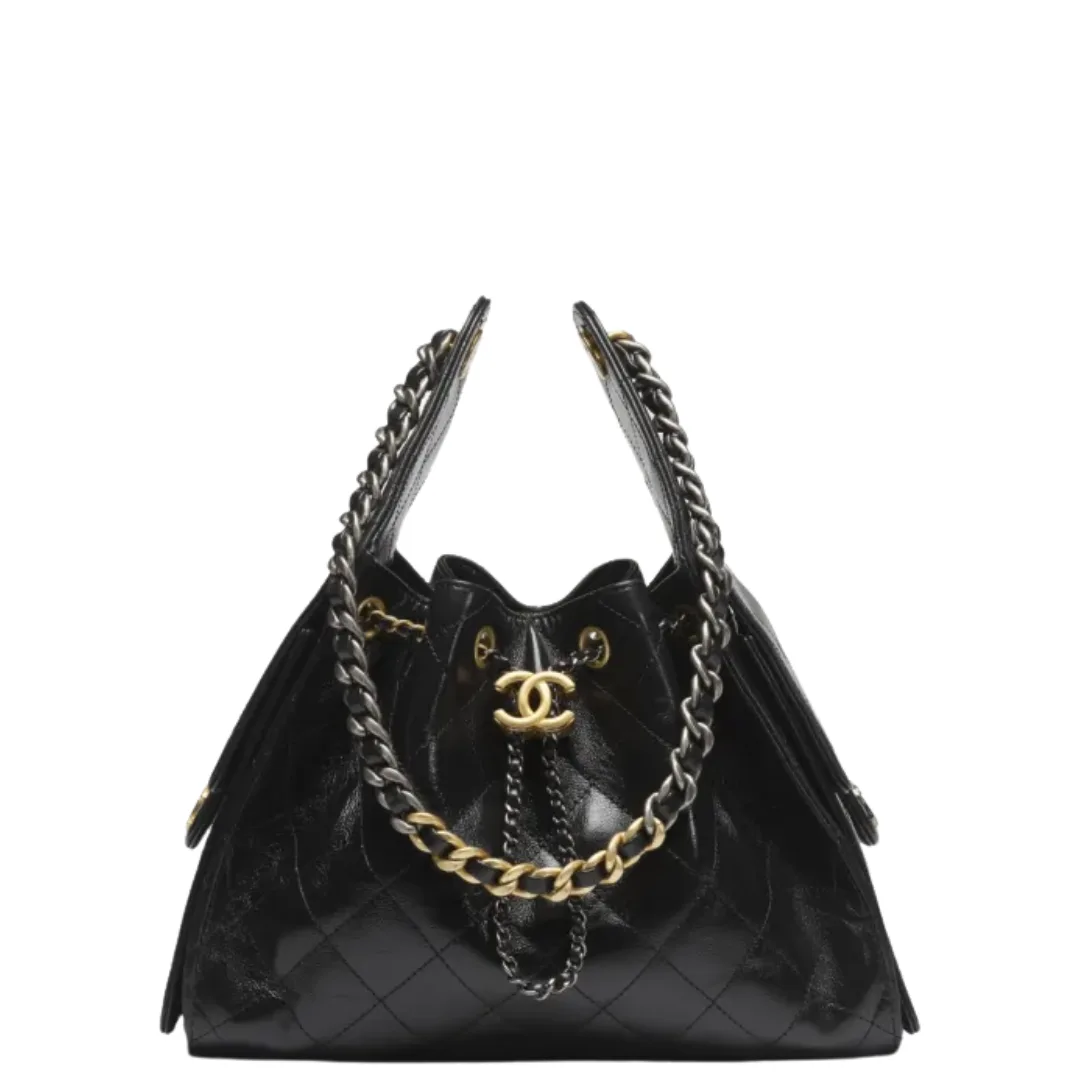 Chanel 25 Small Handbag Shiny Crumpled Calfskin, Gold-Tone & Ruthenium-Finish Metal Black