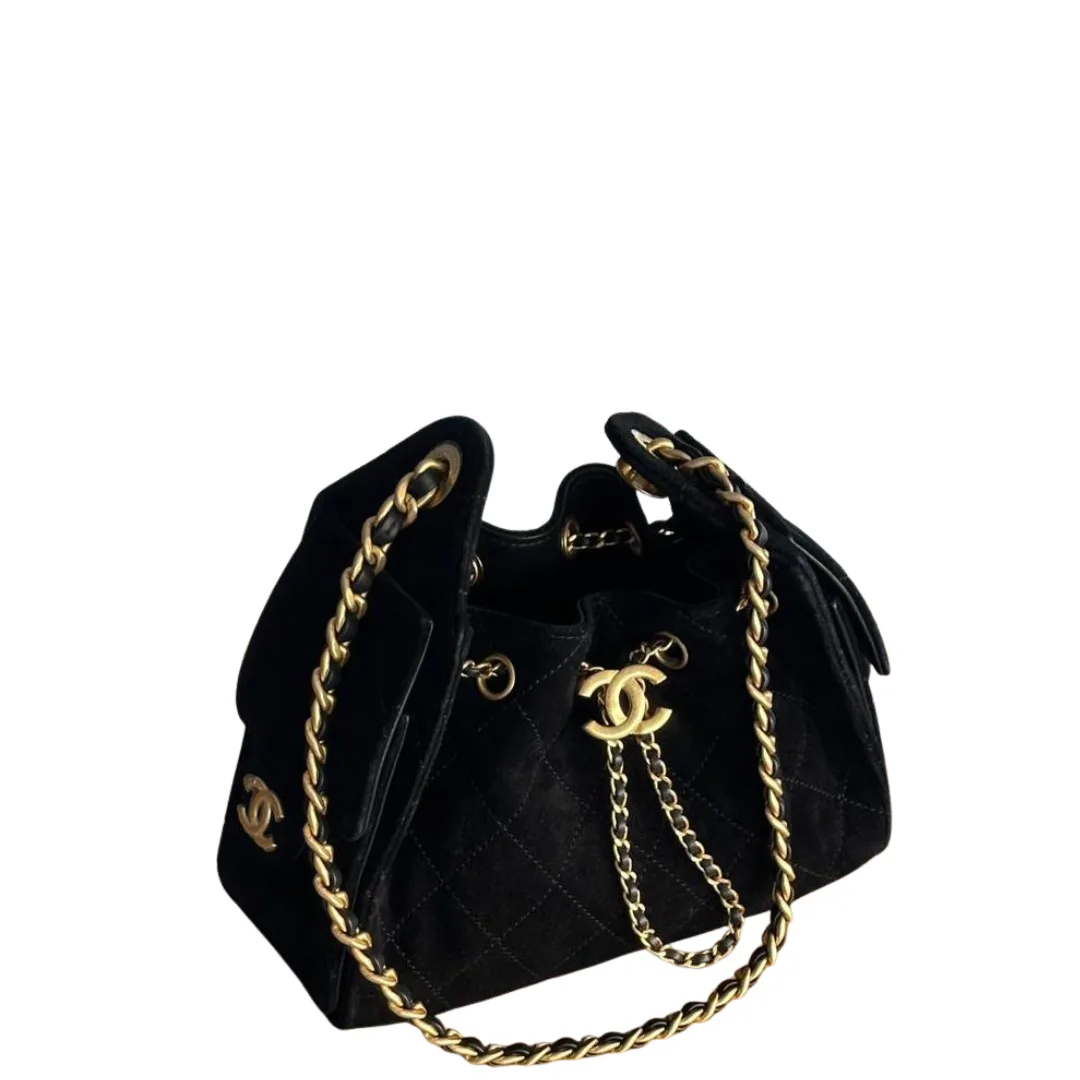 Chanel 25 Mini Handbag Hobo Suede Calfskin & Gold Tone Metal Black