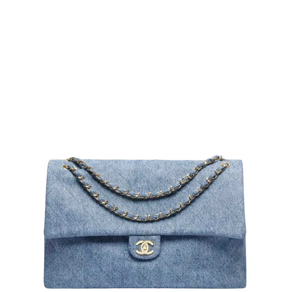 Chanel Maxi Flap Bag Washed Denim & Gold-Tone Metal Blue