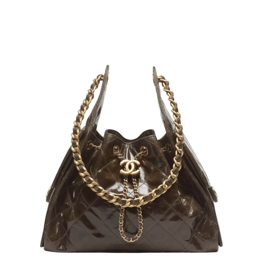 Chanel 25 Small Handbag Shiny Crumpled Calfskin & Gold-Tone Metal Khaki
