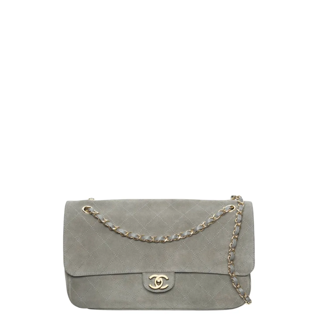 Chanel Maxi Flap Bag Suede Calfskin & Gold Metal Dark Grey