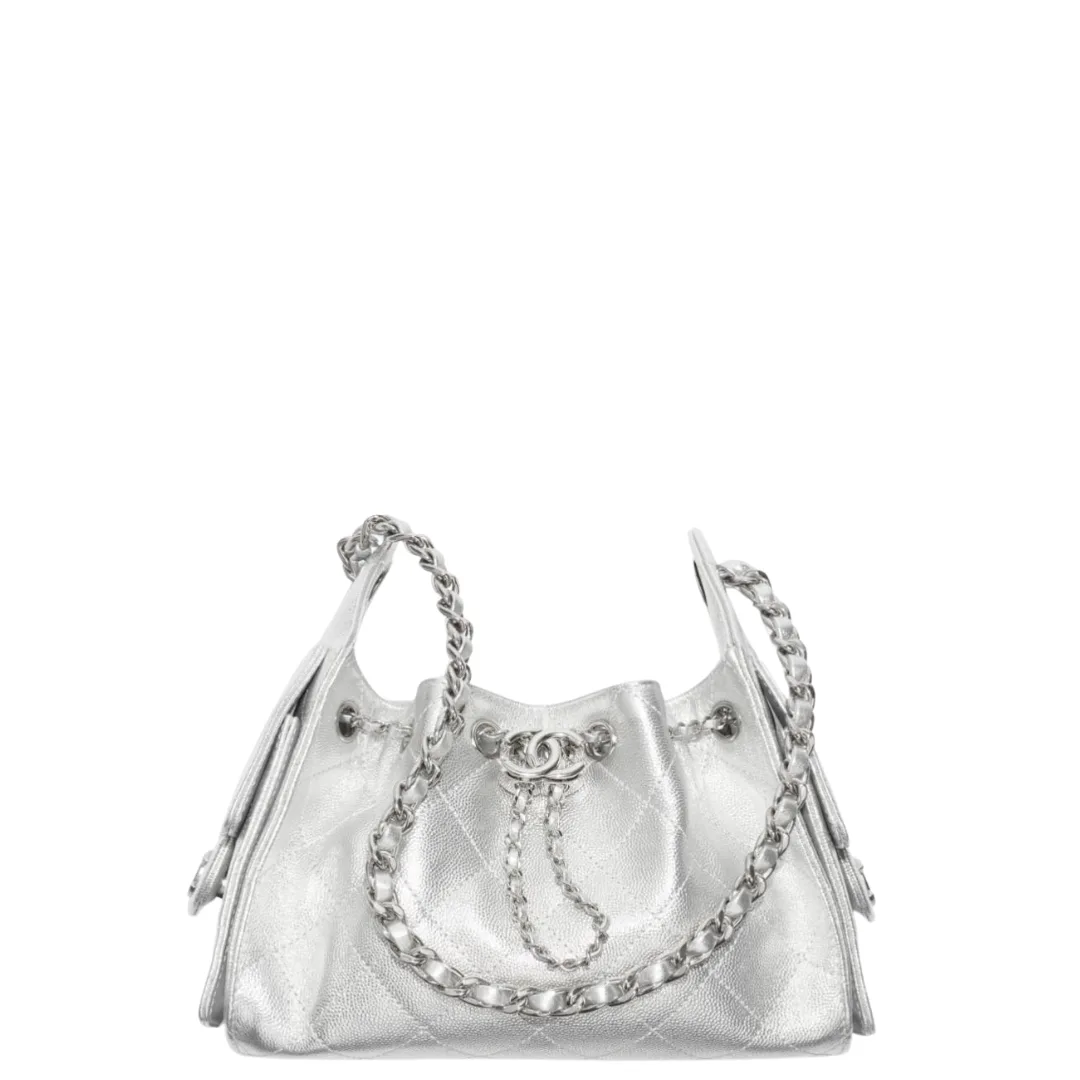 Chanel 25 Mini Handbag Metallic Grained Calfskin & Gold Metal Silver