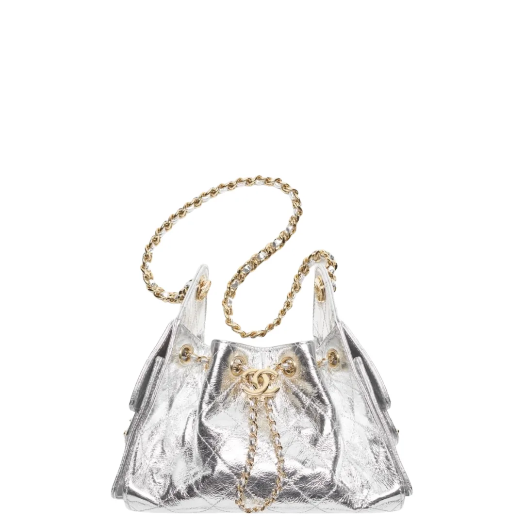 Chanel 25 Mini Handbag Metallic Calfskin & Gold Metal Silvery