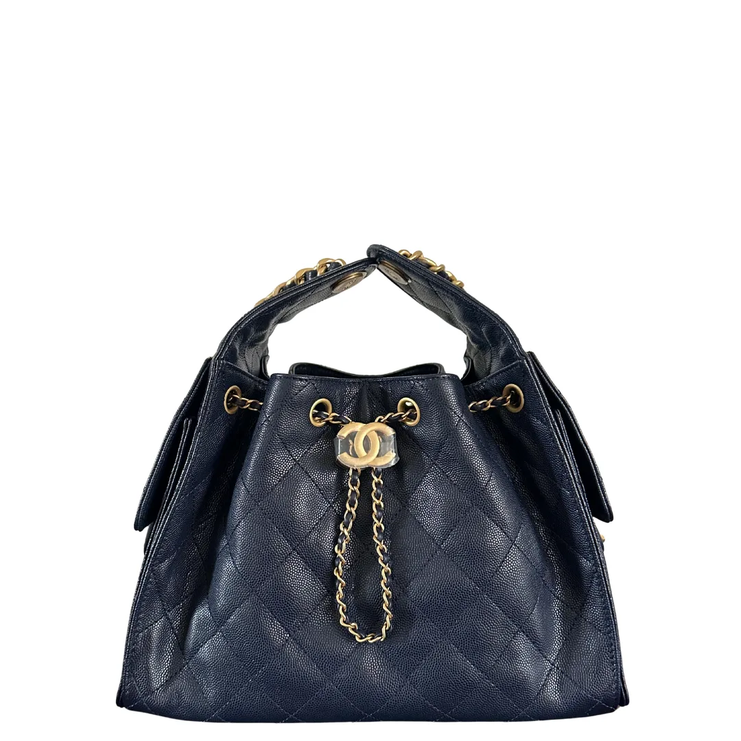 Chanel 25 Small Handbag Hobo Grained Calfskin & Gold-Tone Metal Navy