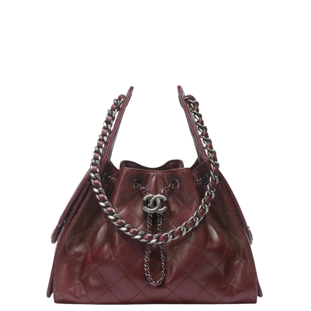 Chanel 25 Small Handbag Grained Calfskin & Ruthenium-Finish Metal Dark Burgundy