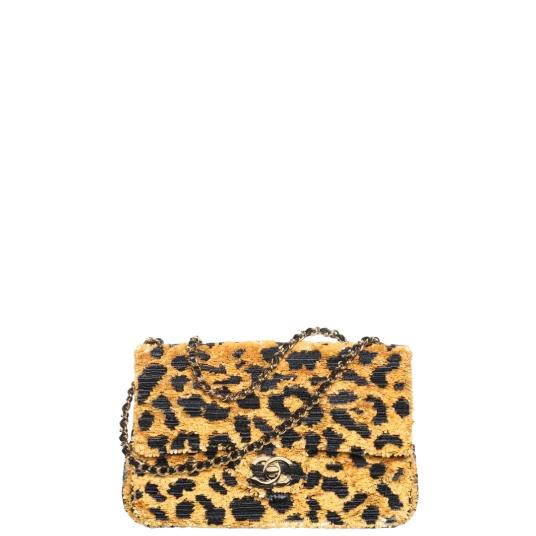 Chanel Small Flap Bag Sequins Mixed Fibres & Gold-Tone Metal Orange & Black