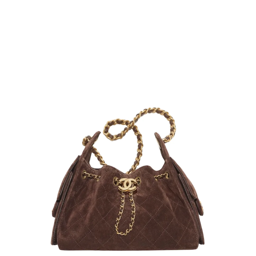 Chanel 25 Mini Handbag Suede Calfskin & Gold Metal Dark Brown