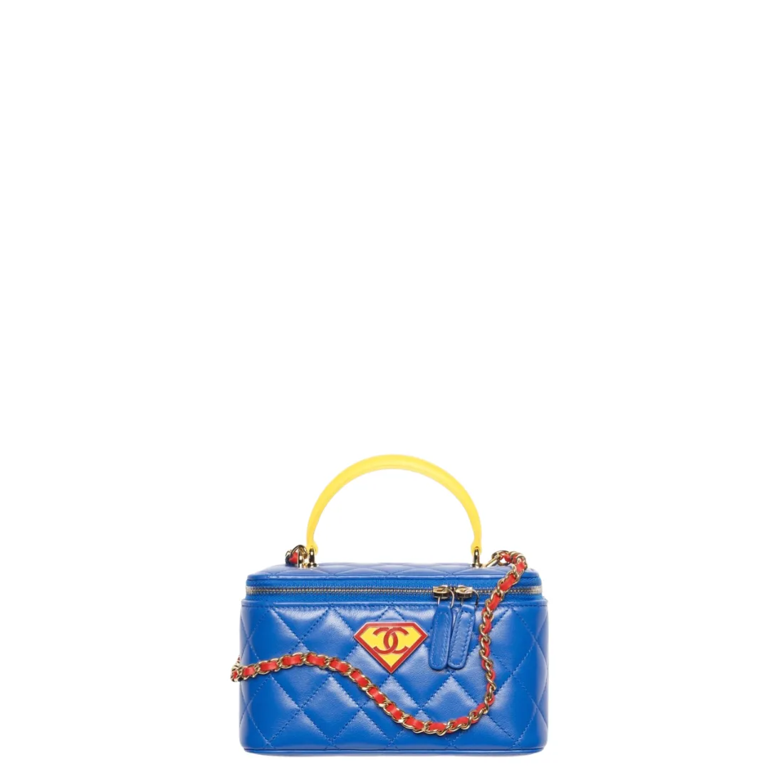Chanel Long Vanity with Chain Lambskin Enamel & Gold-Tone Metal Blue,Yellow & Red