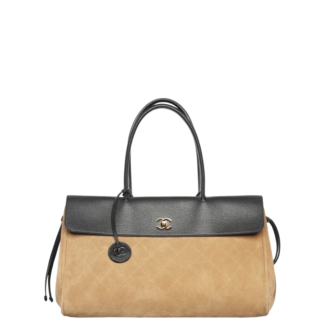 Chanel Tote Suede Calfskin, Grained Calfskin & Gold-Tone Metal Dark Beige & Black
