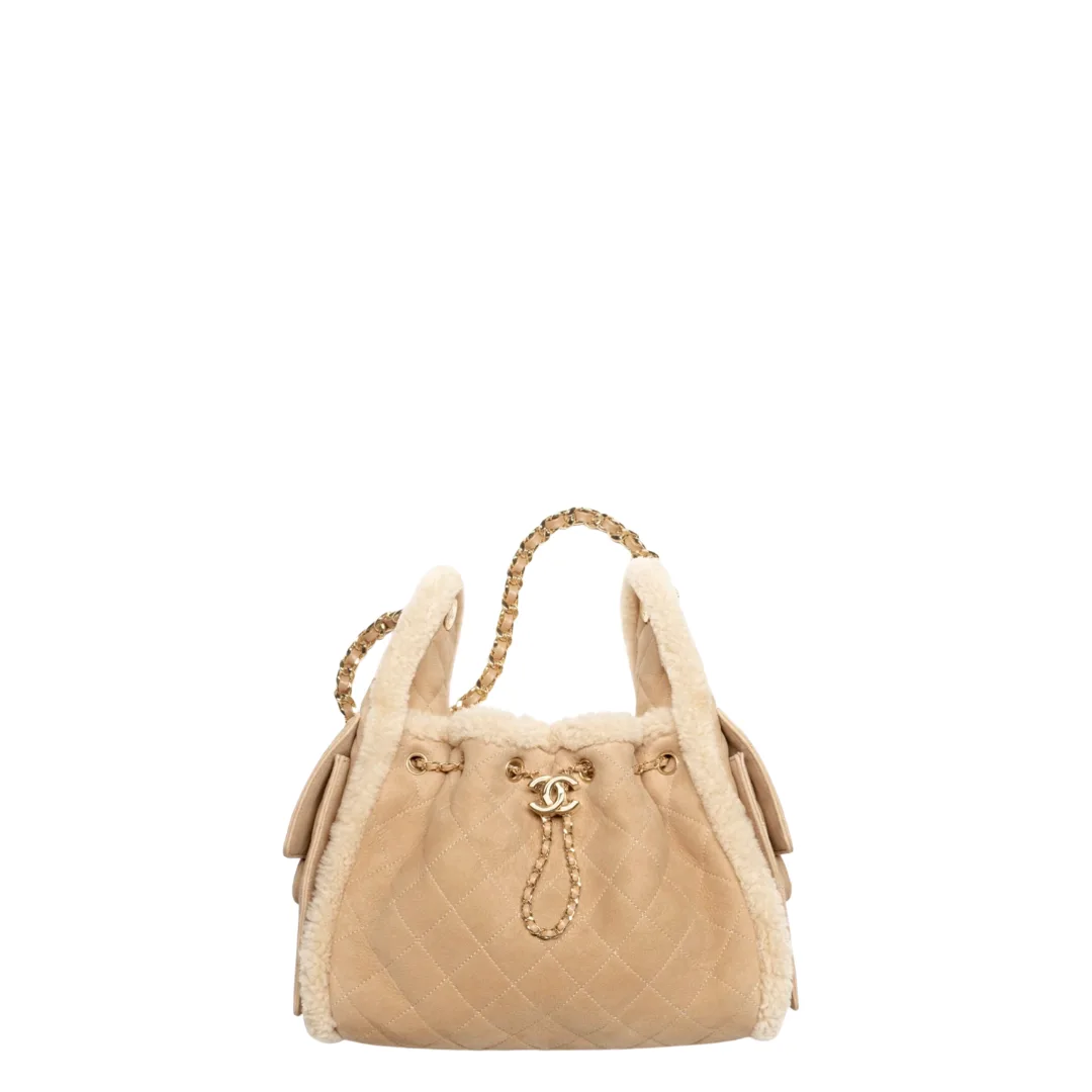 Chanel 25 Small Handbag Shearling Sheepskin & Gold-Tone Metal Beige