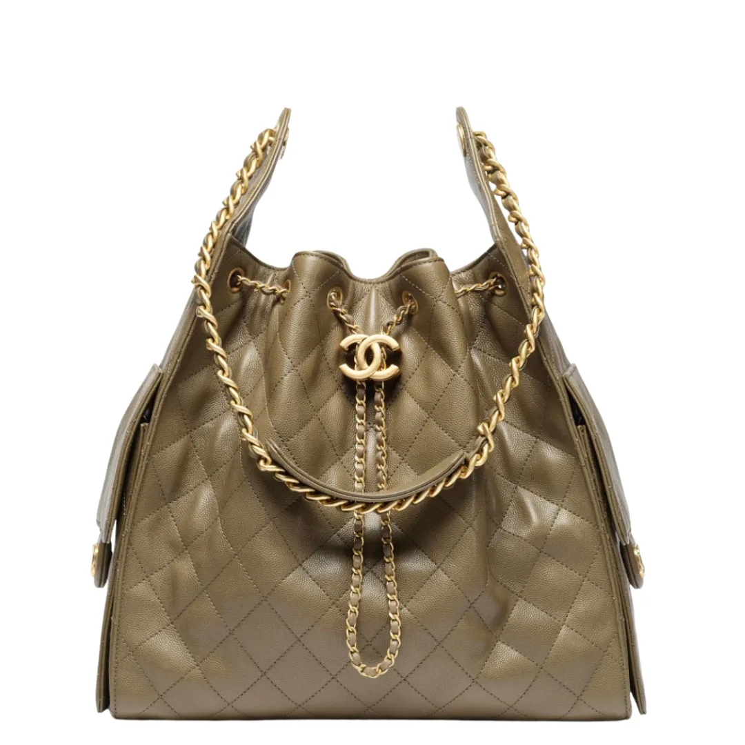 Chanel 25 Medium Handbag Grained Calfskin & Gold-Tone Metal Dark Khaki