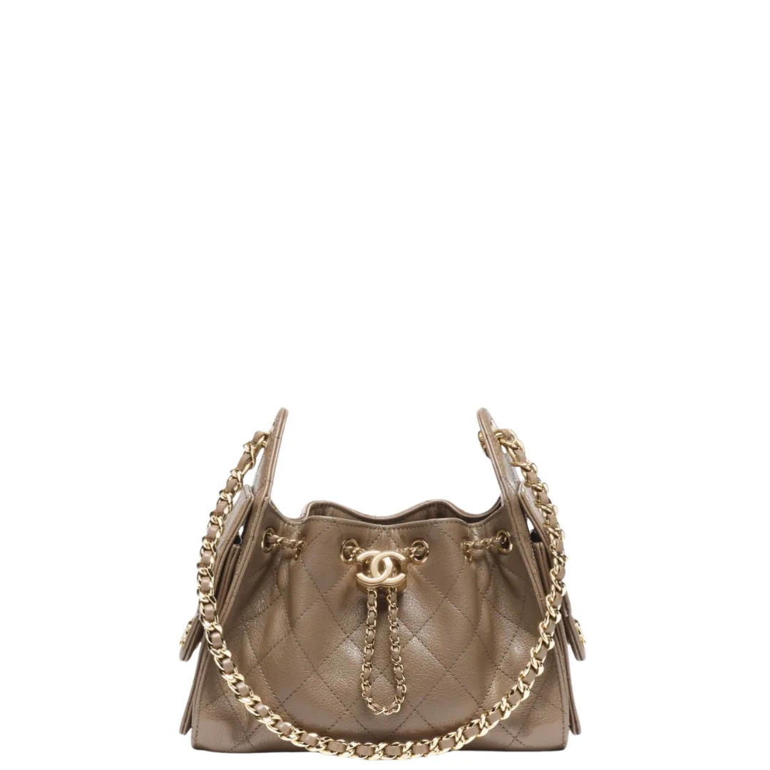 Chanel 25 Mini Handbag Grained Shiny Calfskin & Gold-Tone Metal Dark Khaki