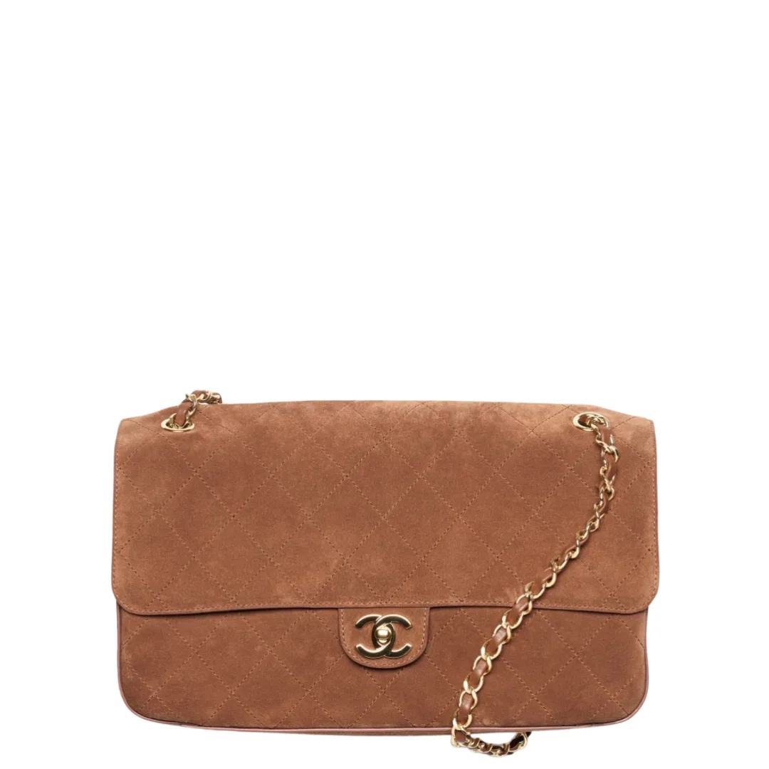 Chanel Maxi Flap Bag Suede Calfskin & Gold Metal Camel