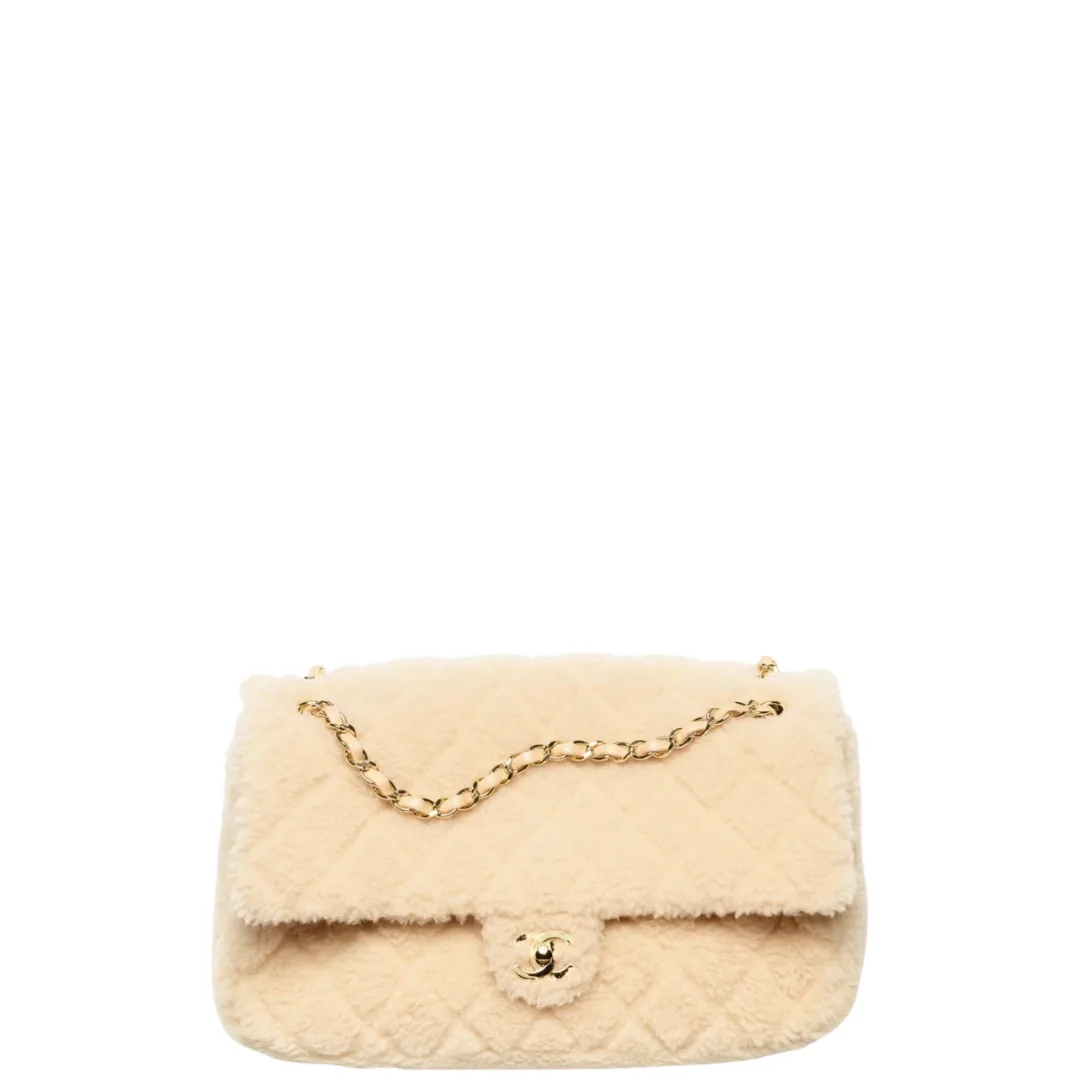 Chanel Maxi Flap Bag Shearling Lambskin & Gold-Tone Metal Beige